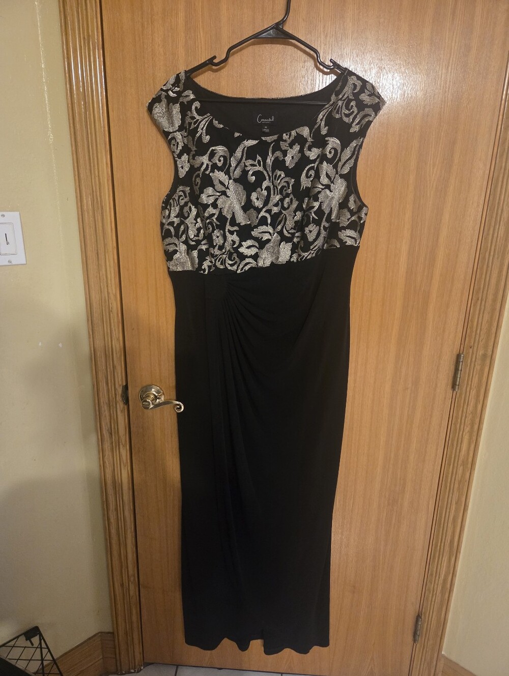 Connected Apparel Elegant Black Maxi Dress with Gold Floral Bodice